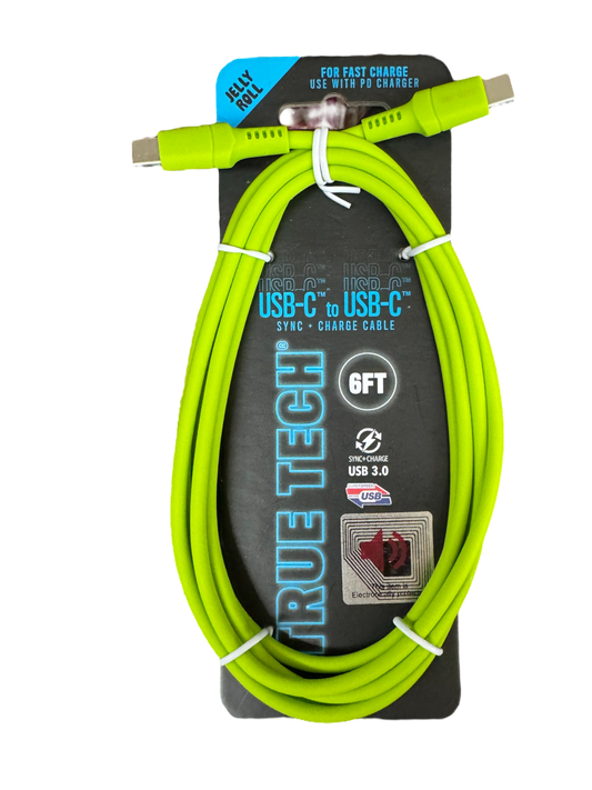 True Tech USB-C to USB-C 6FT Fast Charging Cable – Multiple Colors Available