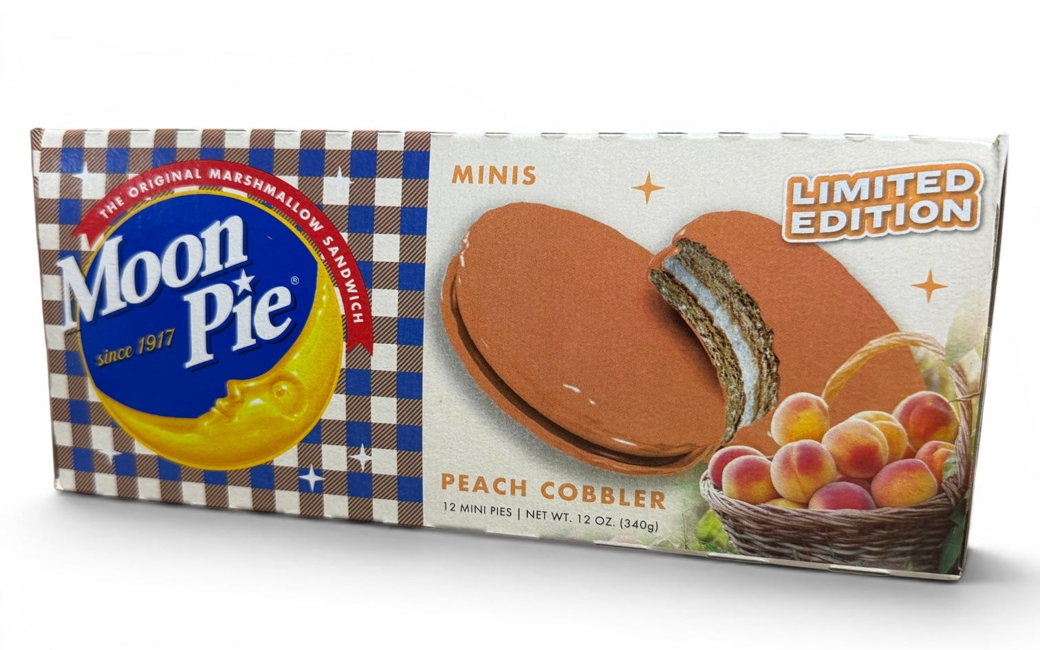 Moon Pie packaging for peach cobbler flavor on a white background