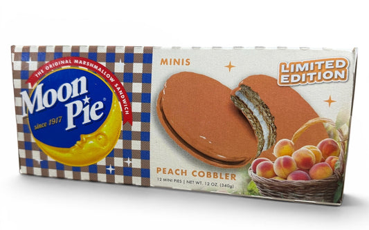 Moon Pie packaging for peach cobbler flavor on a white background
