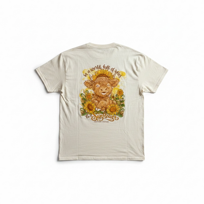 Southern Couture “In a World Full of Roses, Be a Sunflower” Highland Cow T-Shirt – Adult Short Sleeve Tee