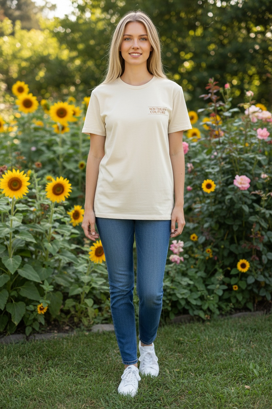 Southern Couture “In a World Full of Roses, Be a Sunflower” Highland Cow T-Shirt – Adult Short Sleeve Tee