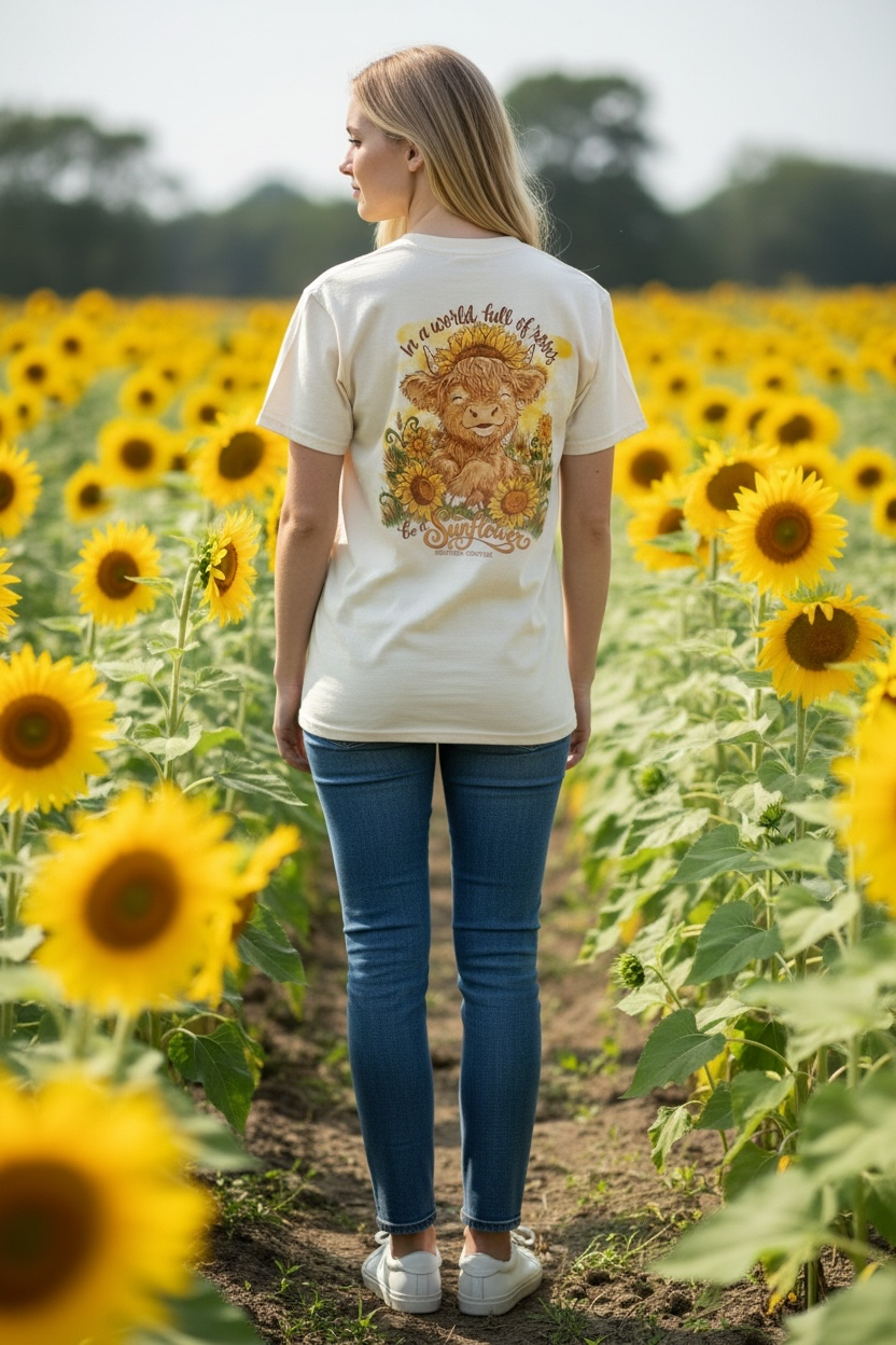 Southern Couture “In a World Full of Roses, Be a Sunflower” Highland Cow T-Shirt – Adult Short Sleeve Tee