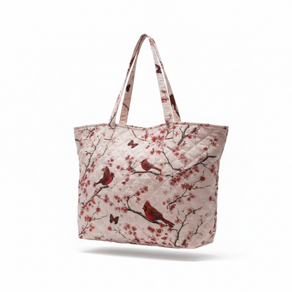 Cardinal Blossoms Quilted Tote Bag – Large Floral & Cardinal Carryall Bag