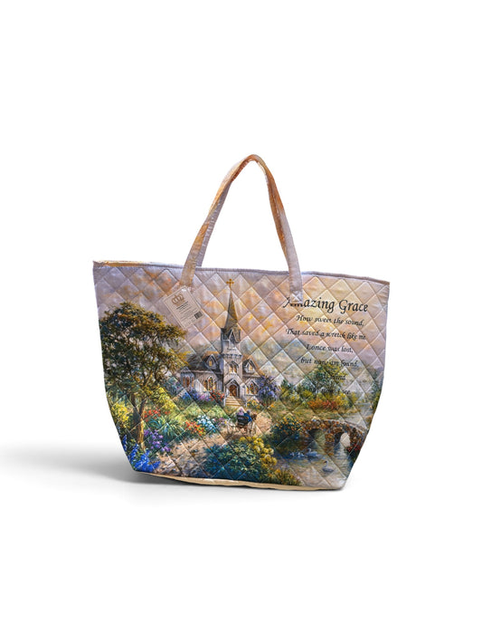 Amazing Grace Quilted Tote Bag – Inspirational Christian Church Carryall Tote