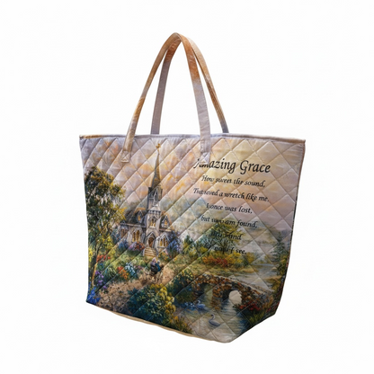 Amazing Grace Quilted Tote Bag – Inspirational Christian Church Carryall Tote