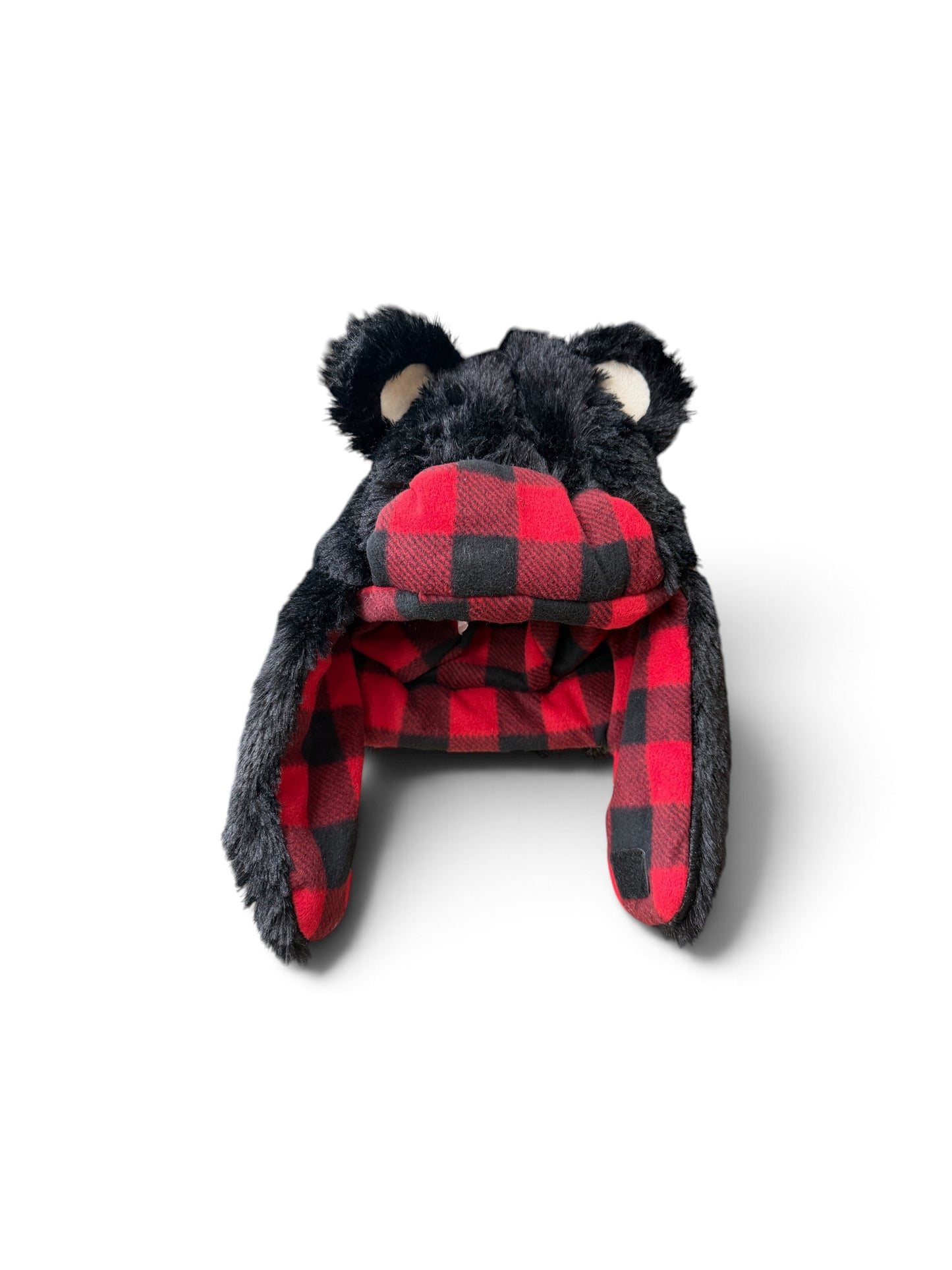 Bear Critter Cap – Plush Black Bear Hat with Buffalo Plaid Scarf