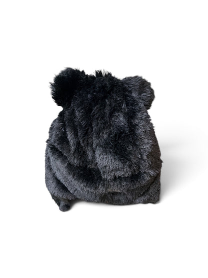 Bear Critter Cap – Plush Black Bear Hat with Buffalo Plaid Scarf