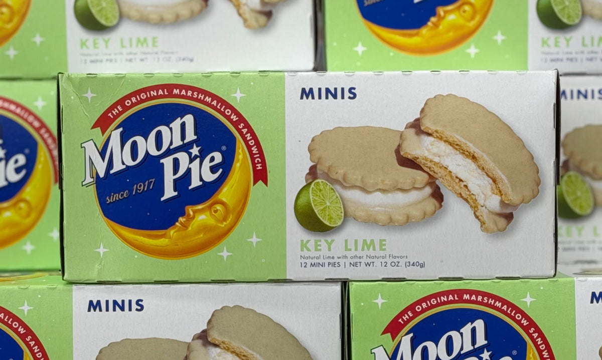 Multiple boxes of Moon Pie Key Lime flavor arranged in a grid pattern.