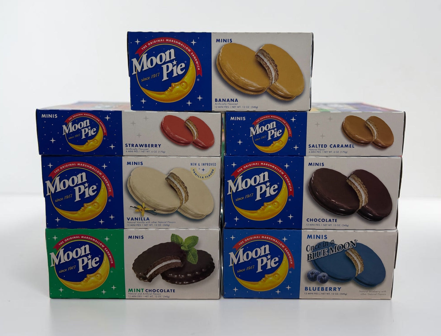 Collection of Moon Pie boxes in various flavors on a white background