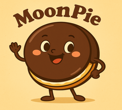 Cartoon Moon Pie character on a beige background