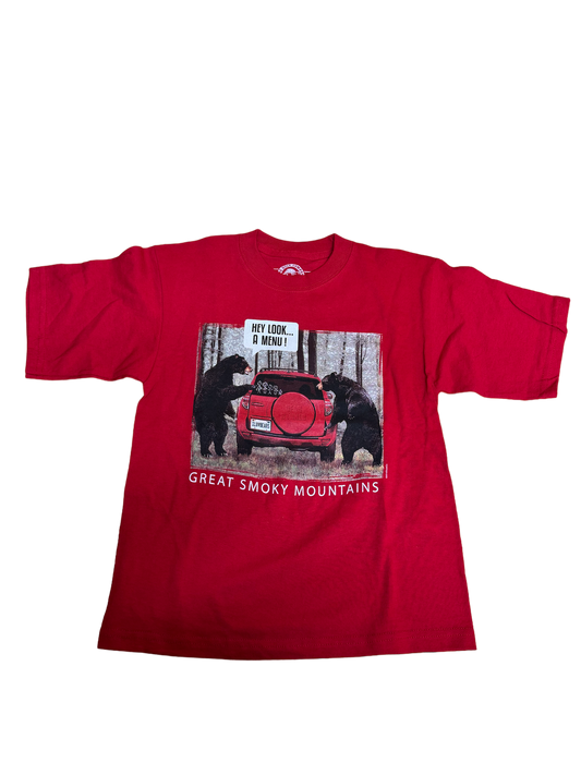 Red Shirt with photo of two bears looking at red vehicle with a stick family on the back window. Reading "Hey Look... A menu" and it says "Great Smoky Mountains" on the bottom.