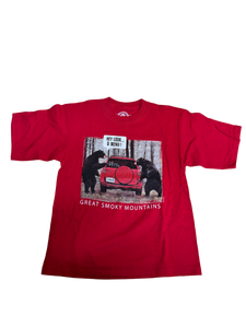 Red Shirt with photo of two bears looking at red vehicle with a stick family on the back window. Reading "Hey Look... A menu" and it says "Great Smoky Mountains" on the bottom.